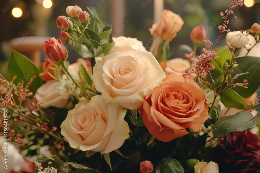 Beautiful bouquet of roses with various colors and textures in a soft-lit setting for a romantic occasion Beautiful bouquet of roses with various colors and textures in a soft-lit setting for a romantic occasion