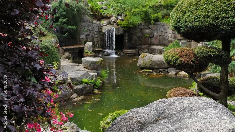 Serene garden with a tranquil pond and gentle waterfall in a lush natural setting Serene garden with a tranquil pond and gentle waterfall in a lush natural setting