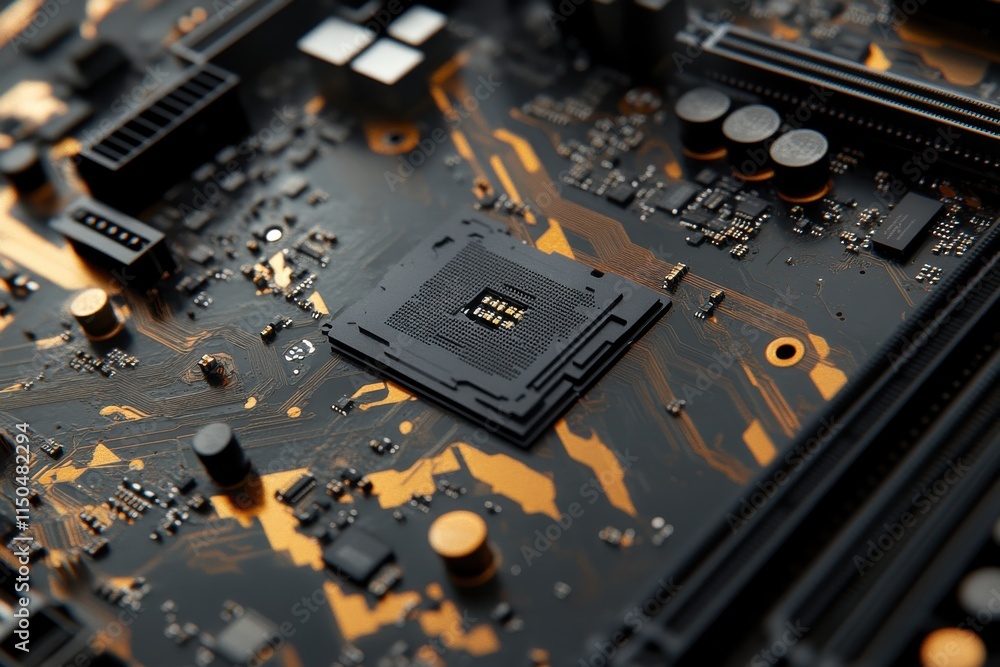 Detailed Overhead View of a Computer Motherboard with a Tilted Perspective, Featuring a Central Chip Surrounded by Warm Lighting in a Modern Workstation Setting Detailed Overhead View of a Computer Motherboard with a Tilted Perspective, Featuring a Central Chip Surrounded by Warm Lighting in a Modern Workstation Setting