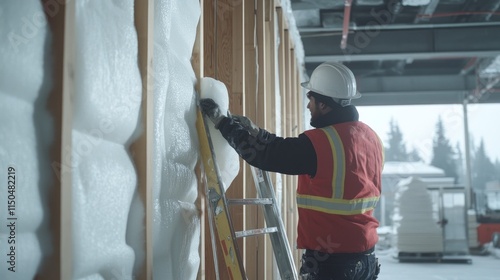 Wallpaper Mural Construction worker installing spray foam insulation on a building's exterior wall during winter. Torontodigital.ca