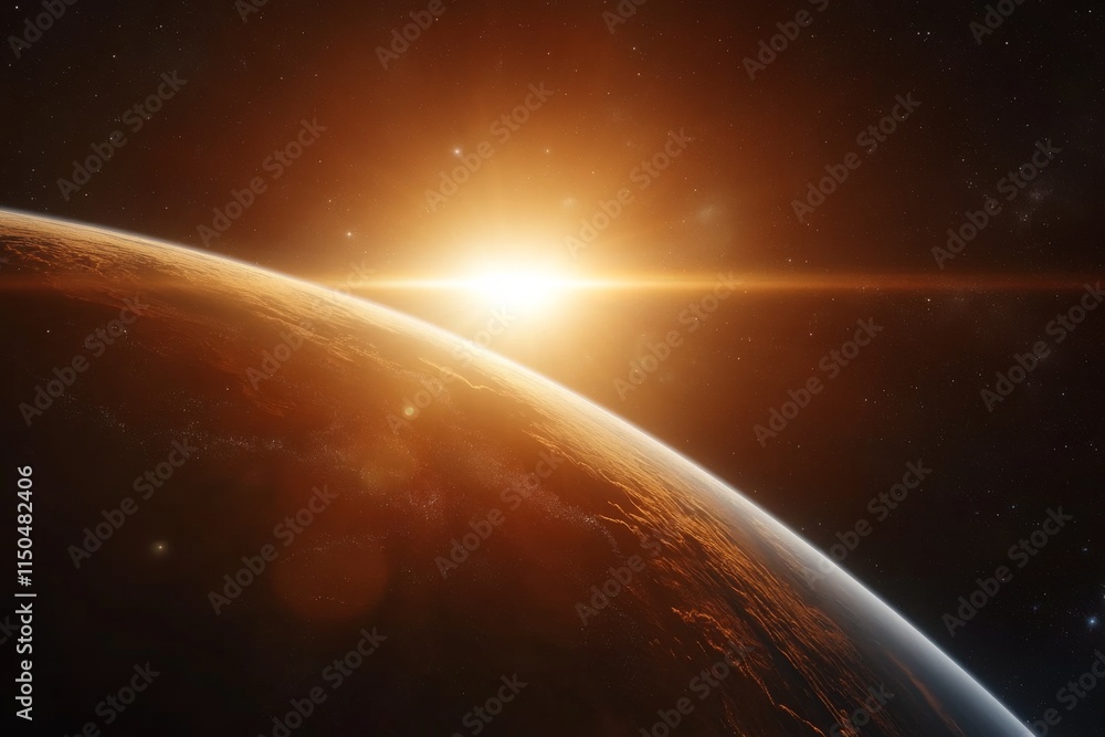 Fototapeta premium Sunrise over a distant planet highlighting a breathtaking cosmic landscape with vibrant colors