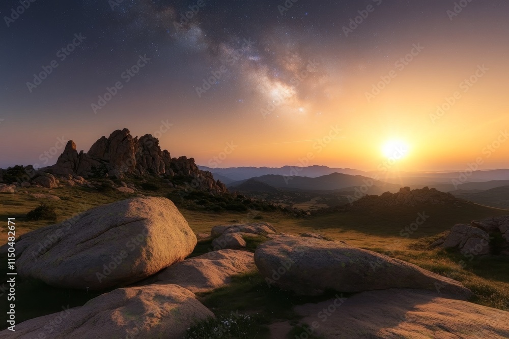 Fototapeta premium Stunning sunset over rocky landscape with a starry sky in the background near mountain range