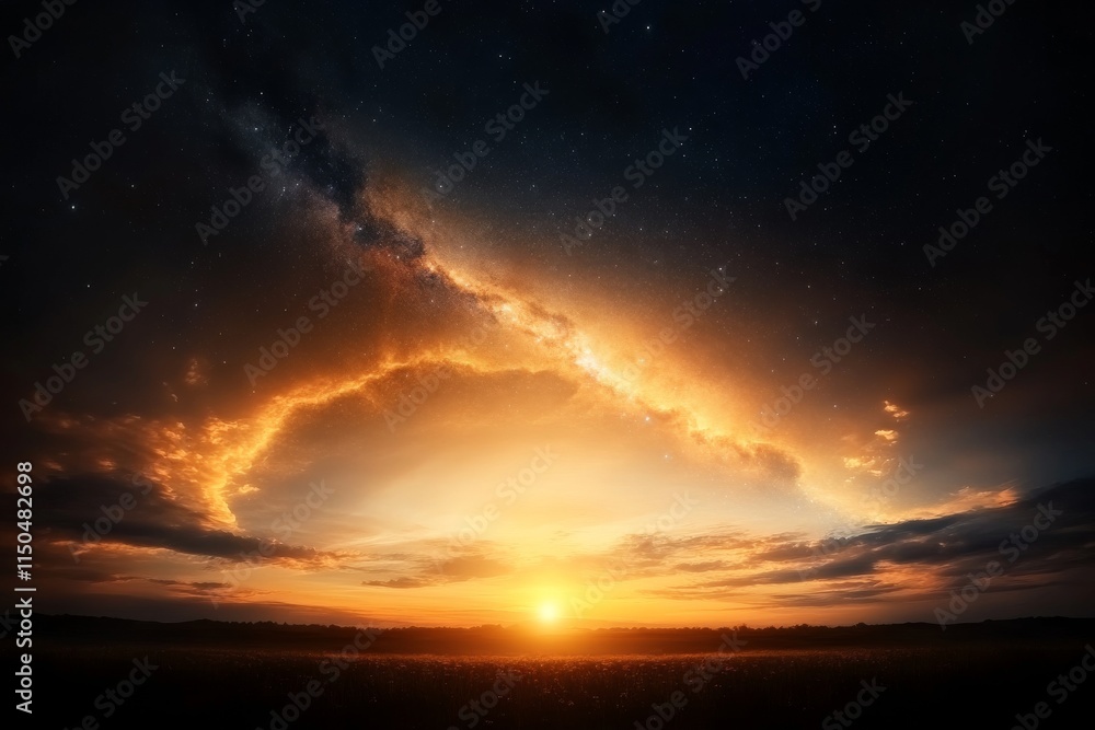 Naklejka premium Breathtaking sunset over a serene landscape with vibrant clouds and a clear sky at dusk