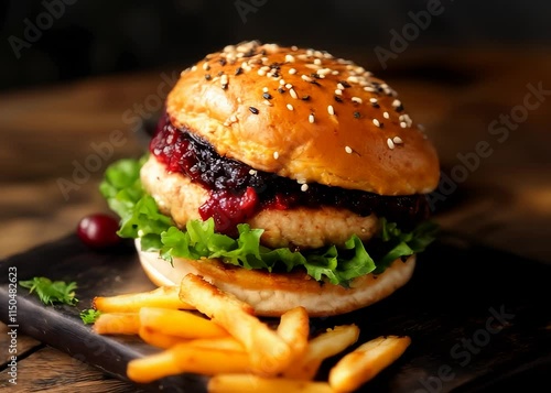 Turkey burger with cranberry sauce and lettuce on a plate, close-up view, modern food presentation, detailed textures, professional lighting setup.