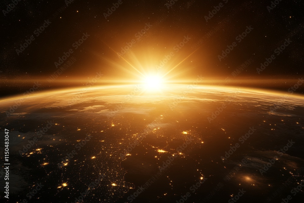 Breathtaking sunrise over Earth revealing glowing cities and swirling clouds from space Breathtaking sunrise over Earth revealing glowing cities and swirling clouds from space