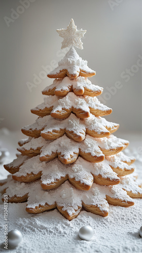 An artistic arrangement of gingerbread cookies shaped like a tree shines.