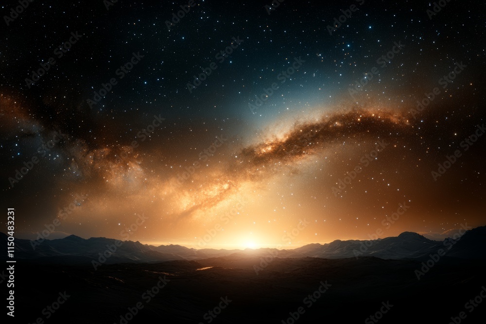 Stunning view of a cosmic landscape with a vibrant galaxy above distant mountains at twilight Stunning view of a cosmic landscape with a vibrant galaxy above distant mountains at twilight