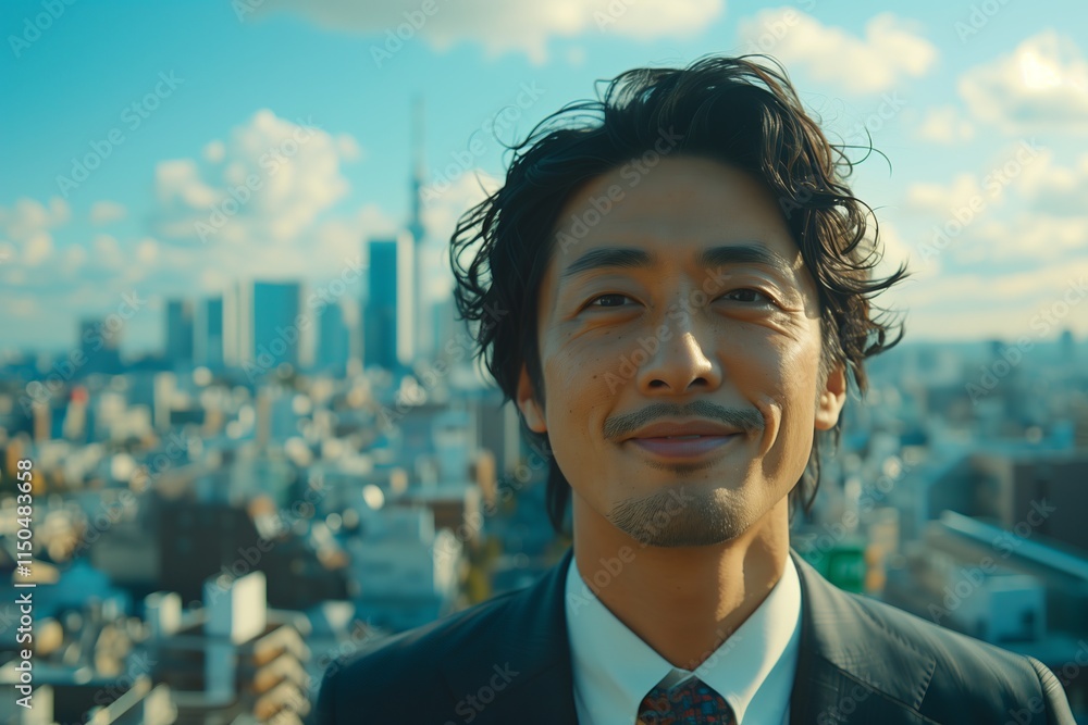A joyful man in a suit stands against a vibrant city skyline, radiating confidence and optimism. A joyful man in a suit stands against a vibrant city skyline, radiating confidence and optimism.