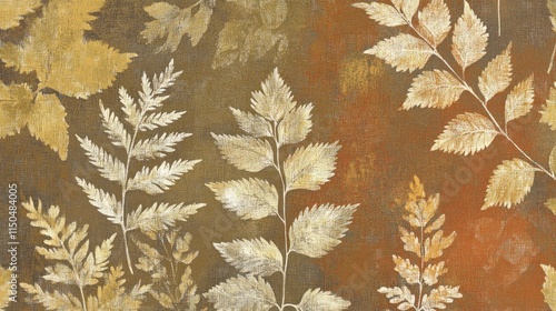 Autumnal foliage pattern with gold and brown leaves on textured background.