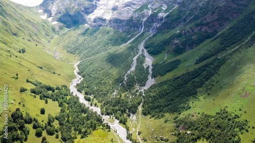 Aerial drone view of Sofia waterfalls Western Caucasus, Arkhyz, Karachay-Cherkess Republic. High quality 4k footage photo