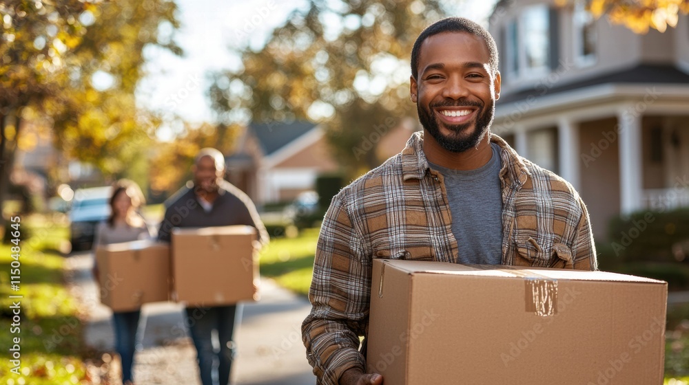 Happy Man Carrying Boxes Outside with Family in Autumn Setting Happy Man Carrying Boxes Outside with Family in Autumn Setting