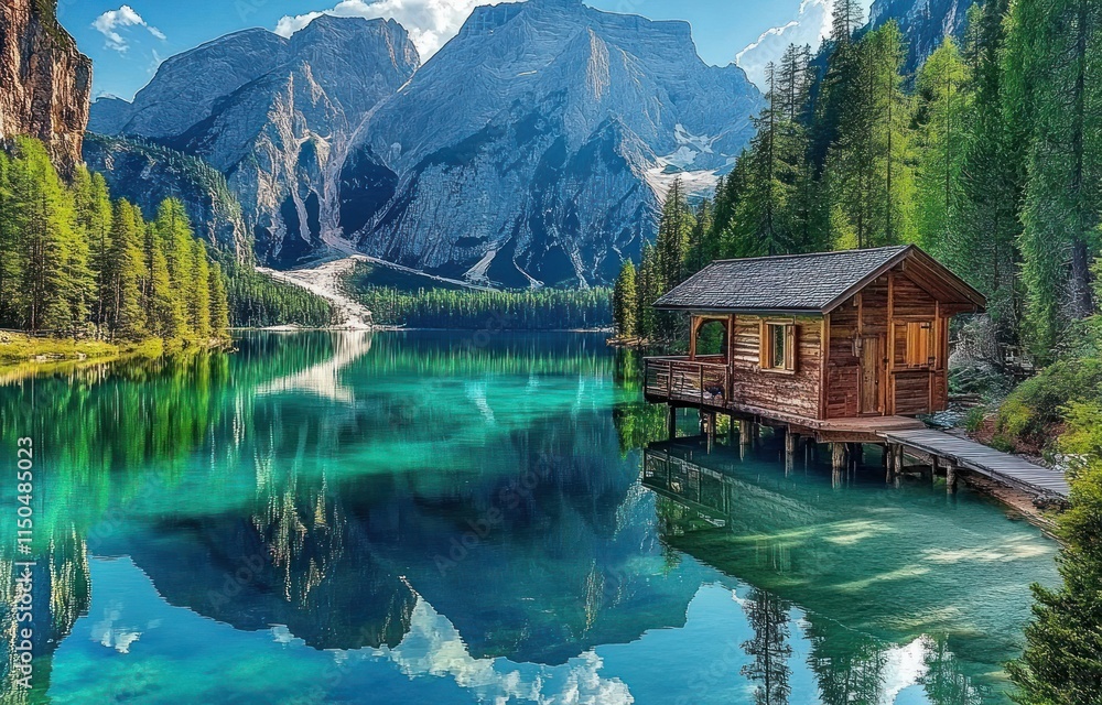 Fototapeta premium Mountain Lake Cabin Scenic Alpine Reflection