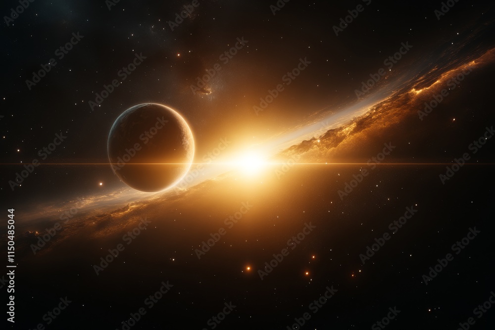 Fototapeta premium Celestial sunrise over a distant planet revealing vibrant cosmic colors in deep space