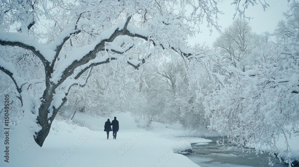 Couple walking hand-in-hand along snowy path beside a frozen stream, winter wonderland. Couple walking hand-in-hand along snowy path beside a frozen stream, winter wonderland.
