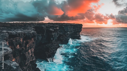 Dramatic sunset over ocean cliff with turquoise waves crashing against dark rocks.