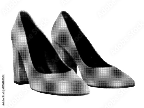 Pair of pointed toe suede heels for women. Modern, trendy footwear in a stylish retro, vintage grayscale design with halftone. Vector illustration isolated on white background.