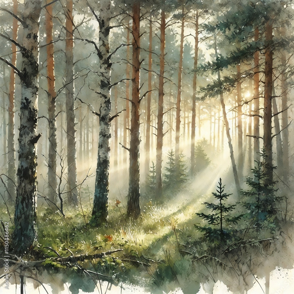 Obraz premium Misty woodland with sunlight streaming through trees in watercolor