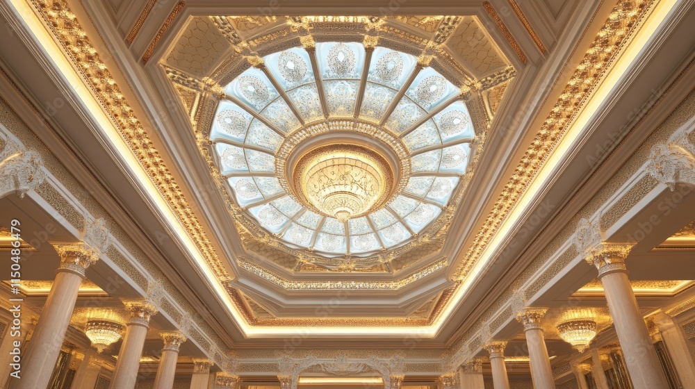 Ornate ceiling with intricate designs and a large chandelier in a grand architectural space. Ornate ceiling with intricate designs and a large chandelier in a grand architectural space.