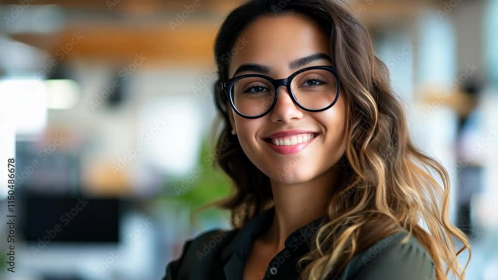 Confident woman smiling in a modern office environment while wearing glasses during a productive workday Confident woman smiling in a modern office environment while wearing glasses during a productive workday