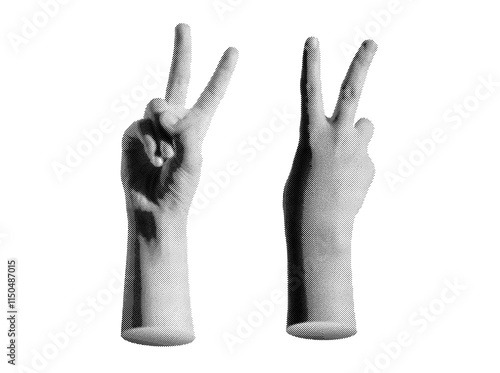 Peace and victory sign held by a child. Retro, vintage grayscale design with halftone and dotted texture. Vector illustration isolated on white background.