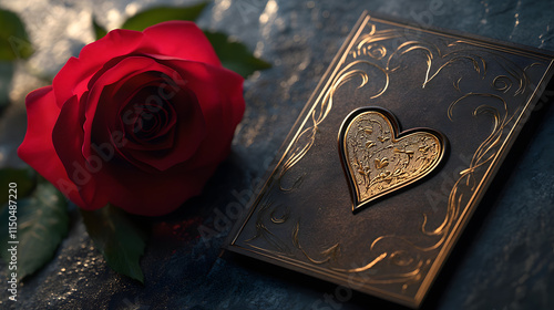 A Valentines card with an embossed heart and gold lettering placed next to a single red rose. photo