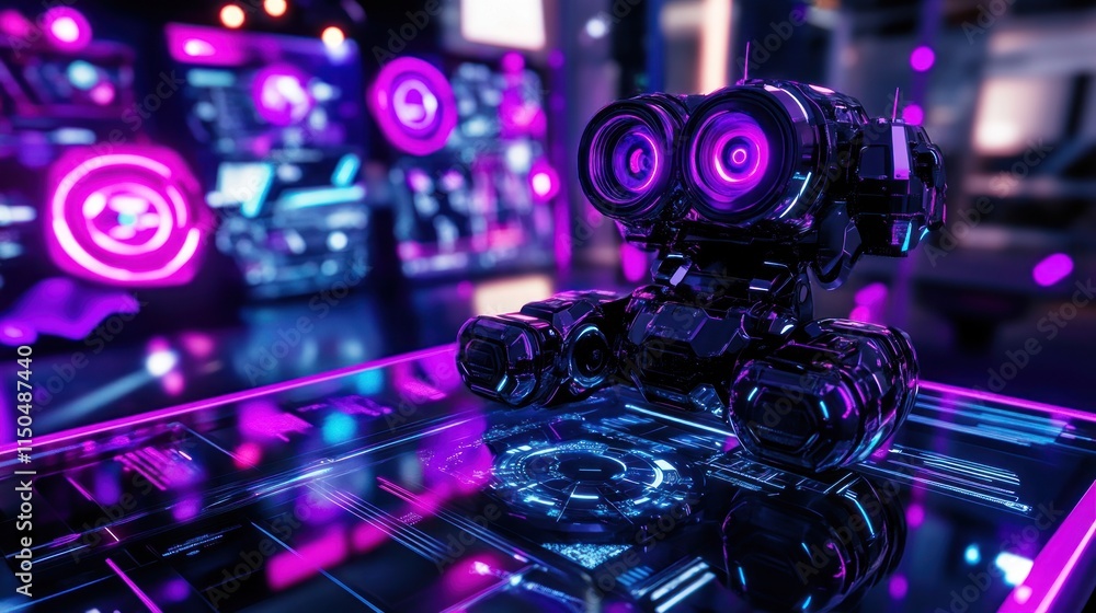 Futuristic robot on a glowing interactive surface in a high-tech control room. Futuristic robot on a glowing interactive surface in a high-tech control room.