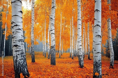 Birch tree coppice in autumn, white birch trees in autumn, Generative AI photo