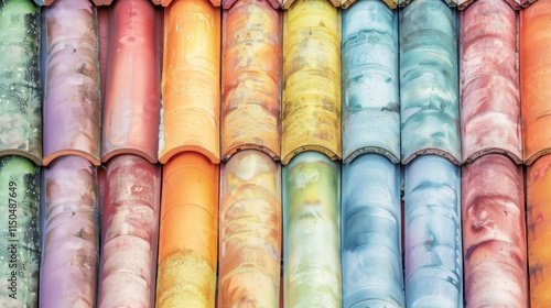 Vibrant pastel ceramic roof tiles blend beautifully, showcasing a harmonious design of colors