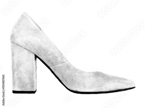 Pointed toe suede heels for women, viewed from the side in profile. Modern, trendy footwear in retro, vintage grayscale design with halftone texture. Vector illustration isolated
