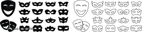 Person face Mask icon in flat, line set. isolated on transparent background Masquerade vector for apps or web Different party superhero carnival villain or burglar costume hidden eye mask