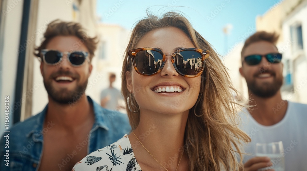 Happy friends smiling outdoors, sunglasses, summer. Happy friends smiling outdoors, sunglasses, summer.