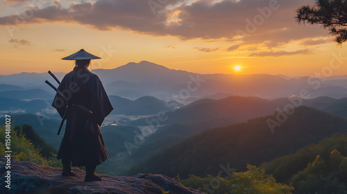 A legendary samurai overlooking a vast valley his katana resting on his shoulder as the sun sets behind him.