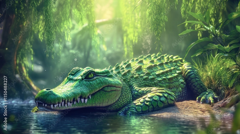 Green crocodile resting by water in lush jungle. Green crocodile resting by water in lush jungle.