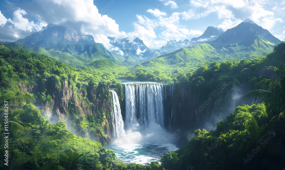 Fototapeta premium A wide-angle view of a majestic waterfall cascading through a verdant rainforest