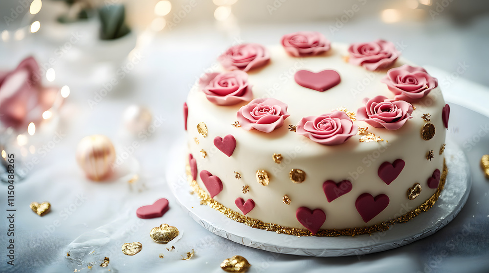 A Valentines themed cake decorated with edible roses and golden accents on a white tablecloth. A Valentines themed cake decorated with edible roses and golden accents on a white tablecloth.