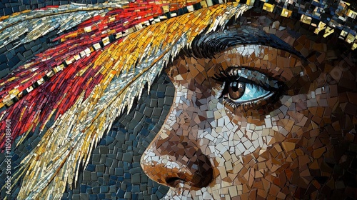 Intricate mosaic artwork featuring a detailed portrait of a person in traditional attire