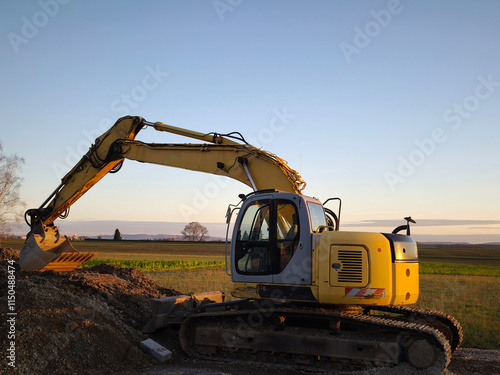A crawler excavator stands at its construction site on the outskirts of the city. The view stretches to the horizon