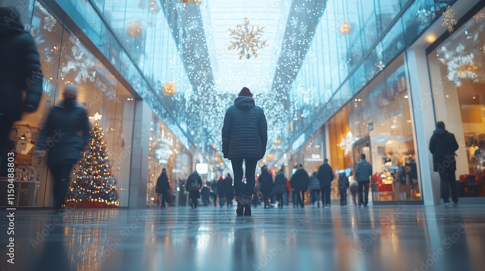 people walking in a shopping center, with a motion blur effect. An abstract concept of Christmas sales and Black Friday holiday events. The focus is on the crowd at the mall with large windows, people walking in a shopping center, with a motion blur effect. An abstract concept of Christmas sales and Black Friday holiday events. The focus is on the crowd at the mall with large windows,