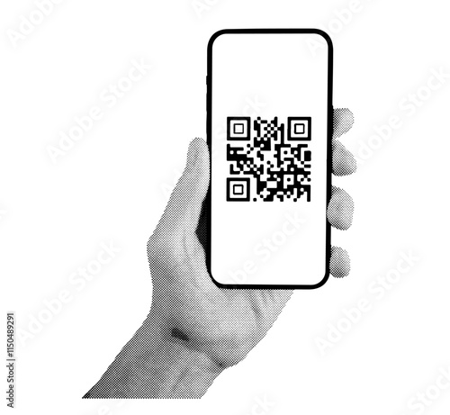 QR code scan. Abstract digital pattern for quick access, displayed on a smartphone screen held in hand. Black and white design representing mobile payment, website access, or