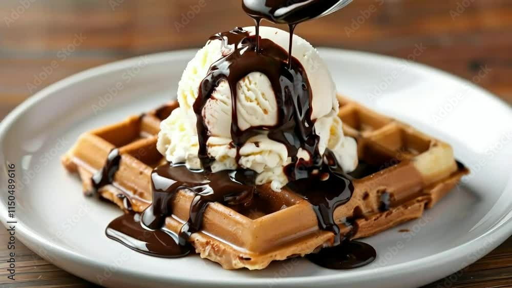 Waffles with vanilla ice cream and chocolate syrup on a white plate. Waffles with vanilla ice cream and chocolate syrup on a white plate.