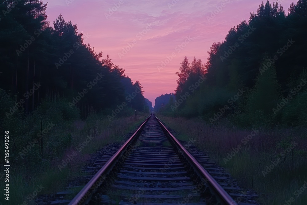 Fototapeta premium Railroad Tracks Vanishing Into A Pink Sunset Forest