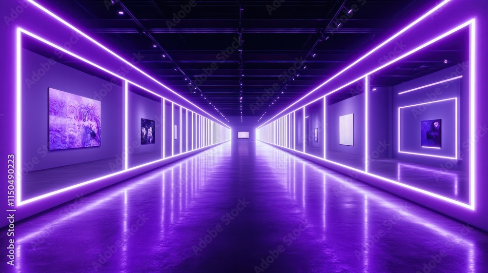 Fototapeta premium Purple neon lights illuminate a modern art gallery hallway with reflective floor and artwork.