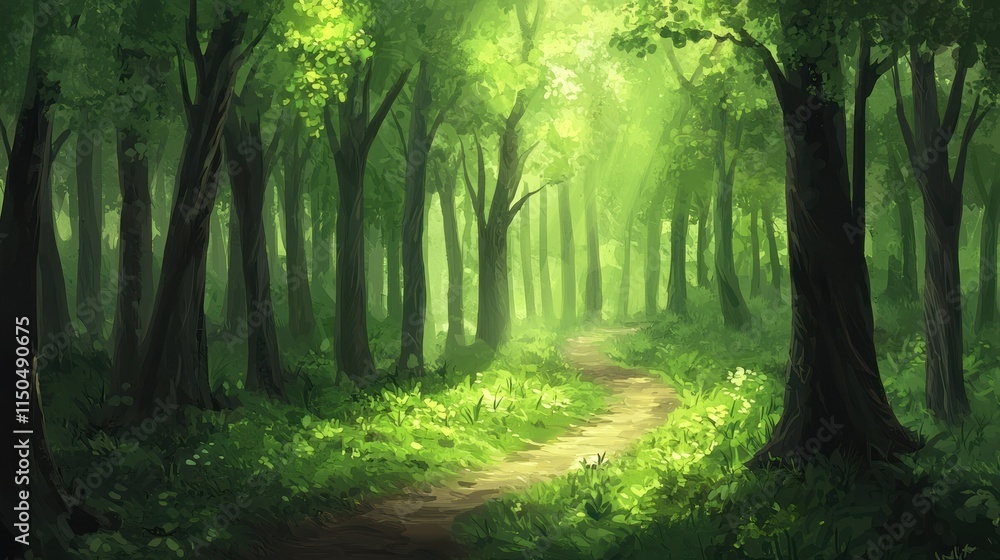 Lush forest path illuminated by soft sunlight. Lush forest path illuminated by soft sunlight.