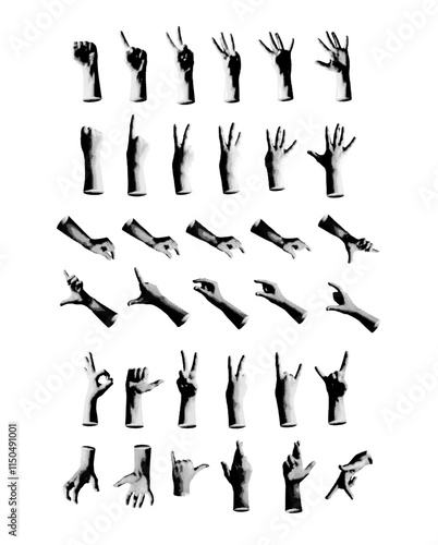 Set of hand gesture signs, including peace, victory, ok, and rock, held by a child. Retro, vintage grayscale design with halftone and dotted texture. Vector illustration isolated