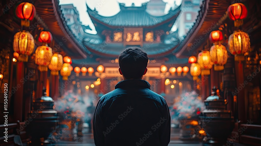 A man praying in a temple, seeking salvation, hope, and expressing faith A man praying in a temple, seeking salvation, hope, and expressing faith