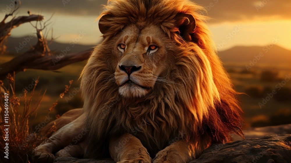 Naklejka premium Majestic African Lion at Sunset