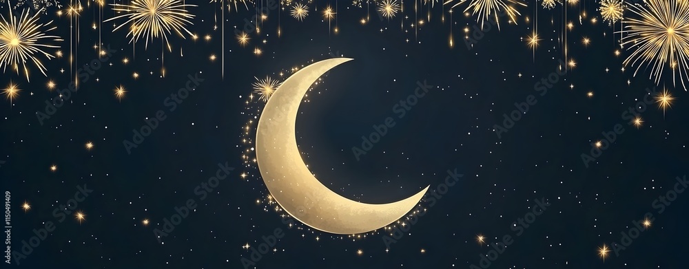 Naklejka premium New years Golden Moon and Fireworks with copy space