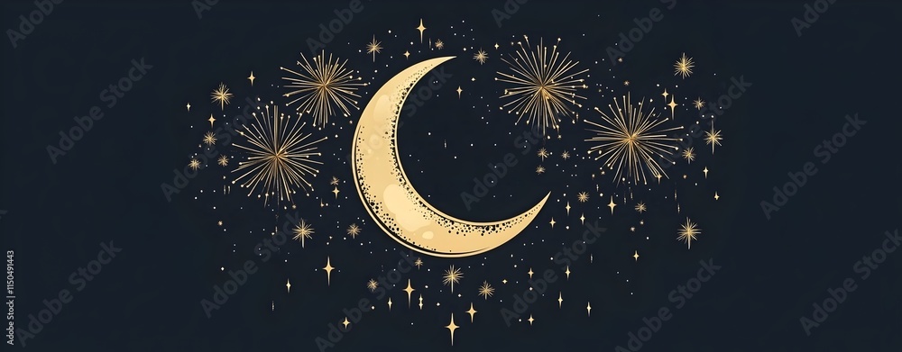 Naklejka premium New years Golden Moon and Fireworks with copyspace