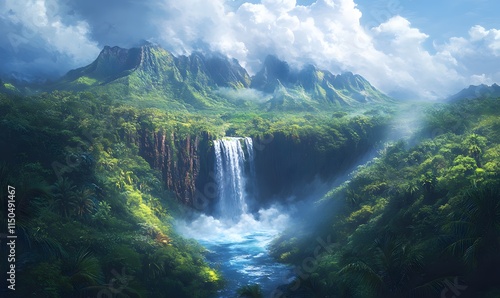 A wide-angle view of a majestic waterfall cascading through a verdant rainforest