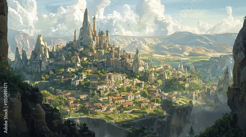 A majestic fantasy cityscape with towering spires.